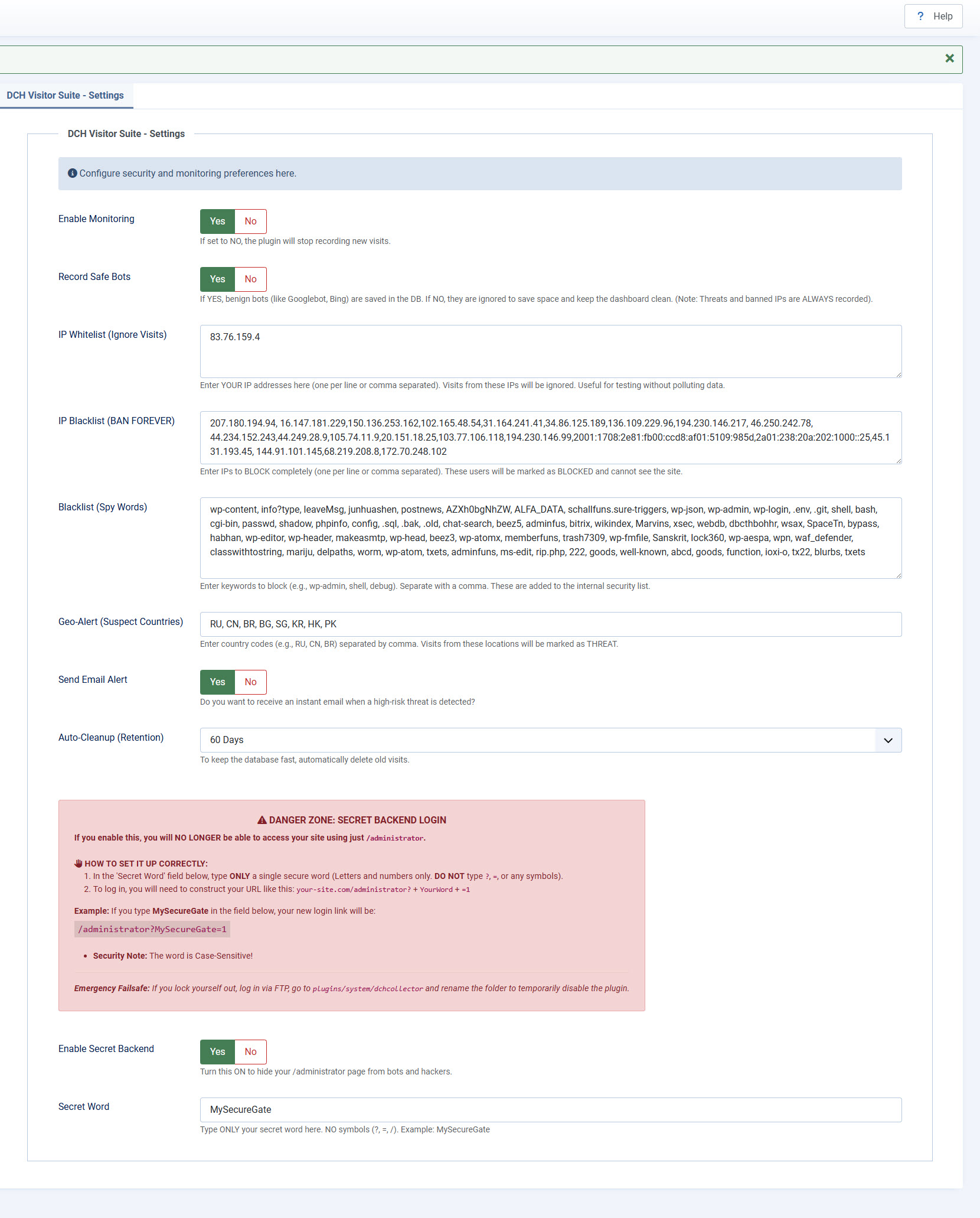 Joomla DCH Visitor Suite PRO Settings Panel highlighting the Record Safe Bots data noise reduction feature.