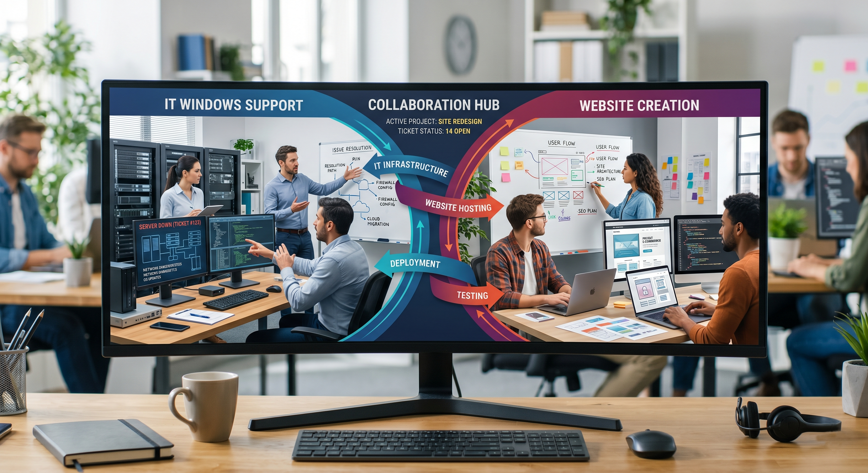 Remote IT Windows Support, remote desktop technical assistance, professional website creation, and web hosting services